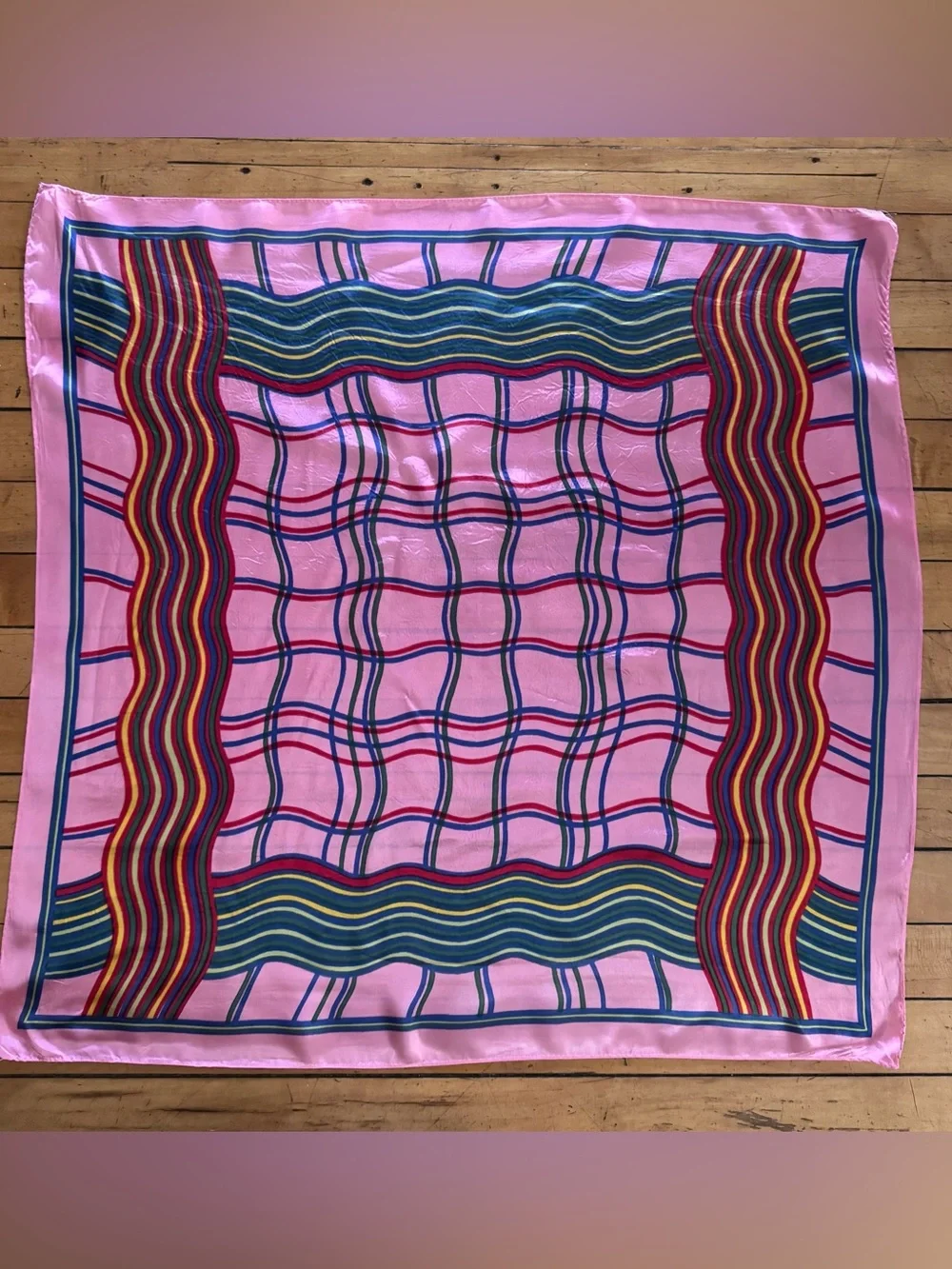 Vintage Pink Multicolor Wavy Stripe & Grid Silk Scarf